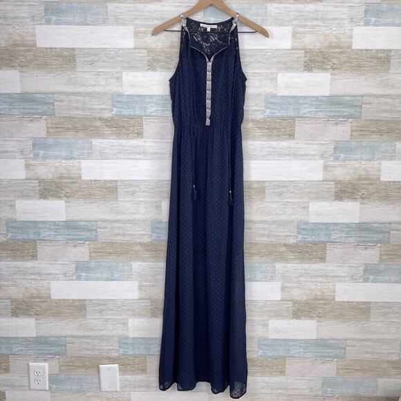 Daniel Rainn Swiss Dot Lace Embroidered Halter Maxi Dress Blue Womens Small - Picture 1 of 8